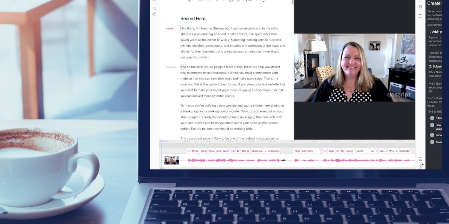 Image of laptop with Descript editor displaying on the screen for blogpost "Why Descript Rocks for Time-Strapped Business Owners: The Ultimate Video Editing Tool"