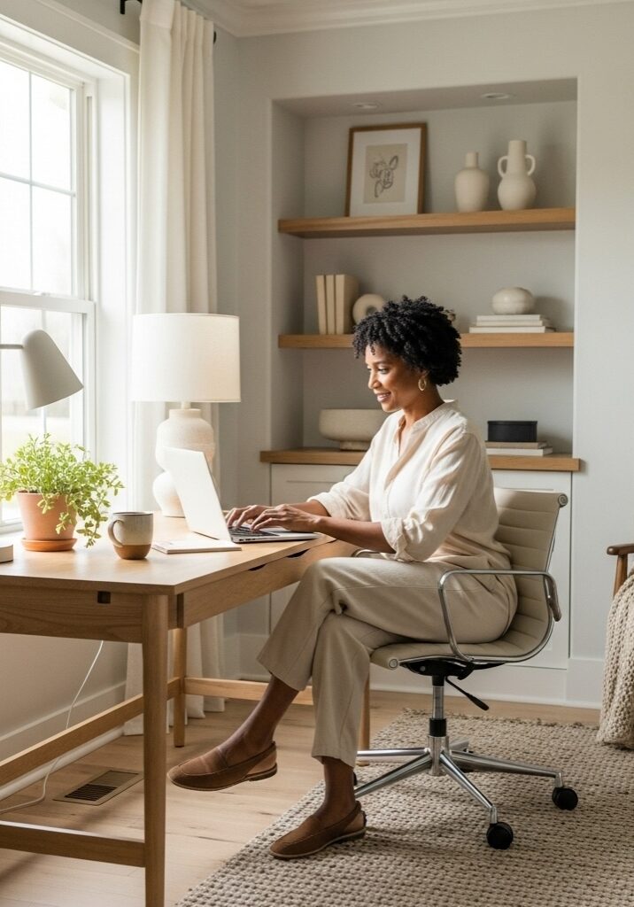 Beautiful life coach working on a laptop in her pretty home office