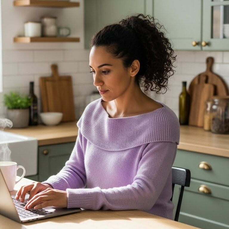 life coach typing on laptop planning her coaching website redesign