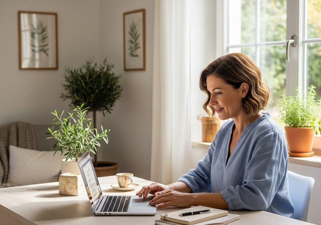 happy woman sitting in her pretty home office using ai for lead generation