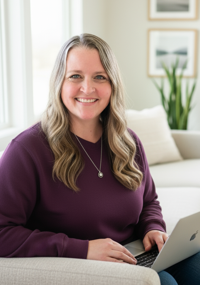 Heather Stephens - working on laptop on sofa