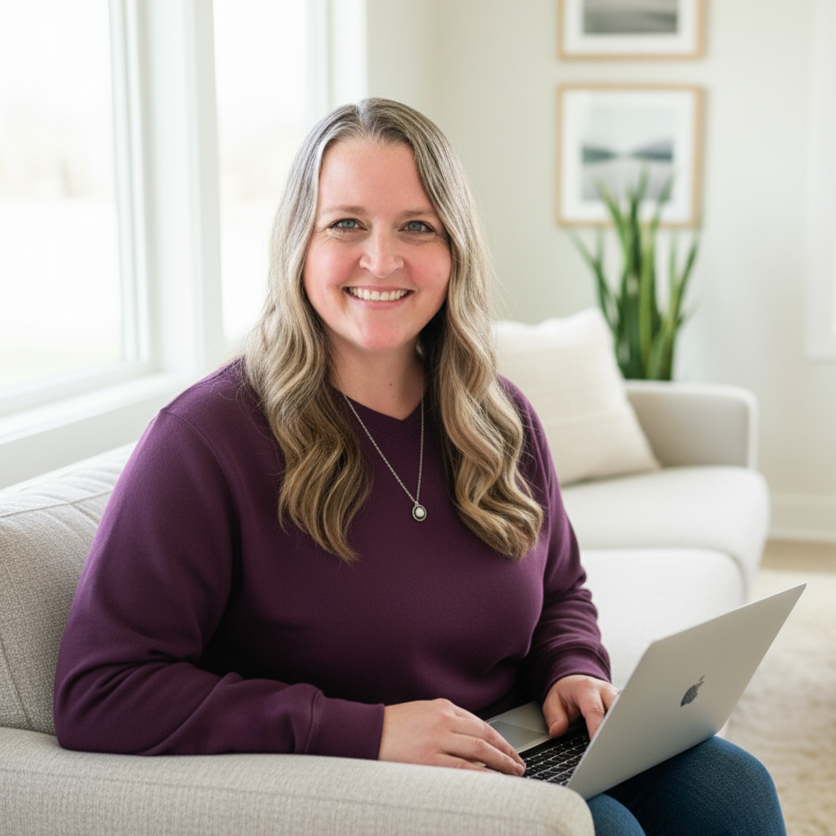 Heather Stephens - working on laptop on sofa