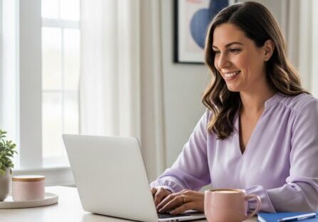 A panoramic view of a modern, peaceful home office featuring a tablet displaying an interactive coaching quiz, representing creative lead magnet ideas to grow your coaching business email list in 2026.