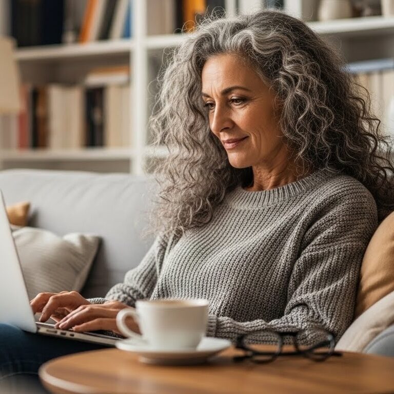 life coach working peacefully on her laptop in her home office with a smile on her face