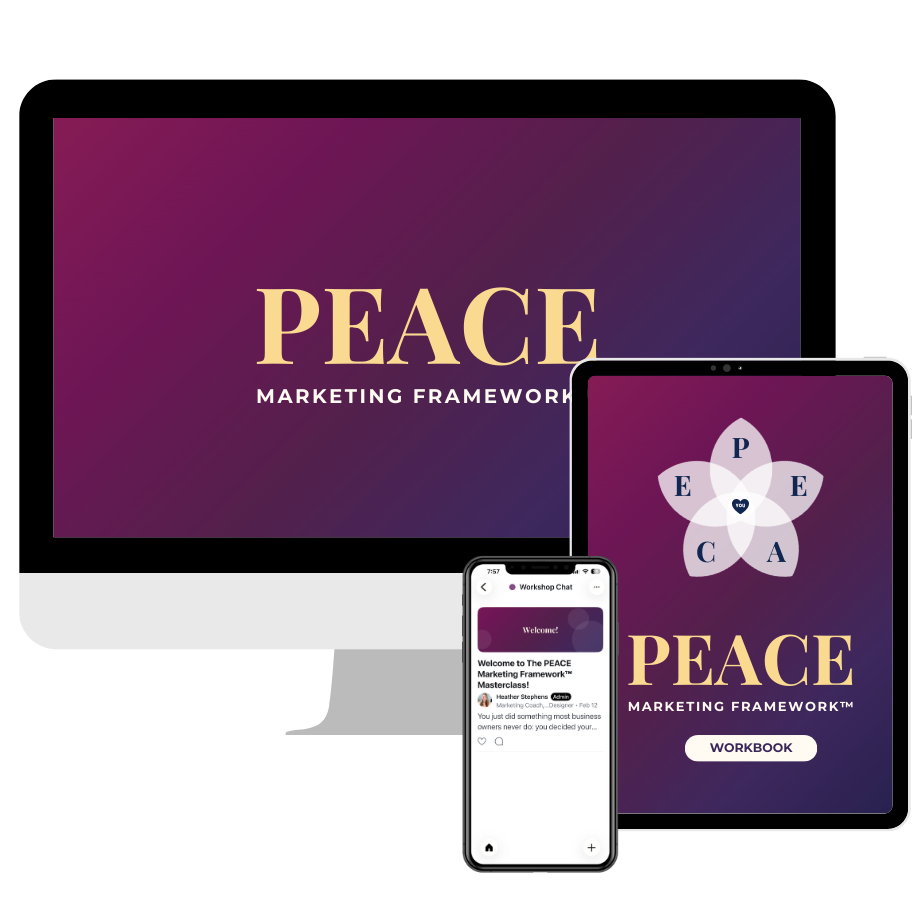 PEACE Marketing Framework masterclass mockup of computer and workbook on ipad