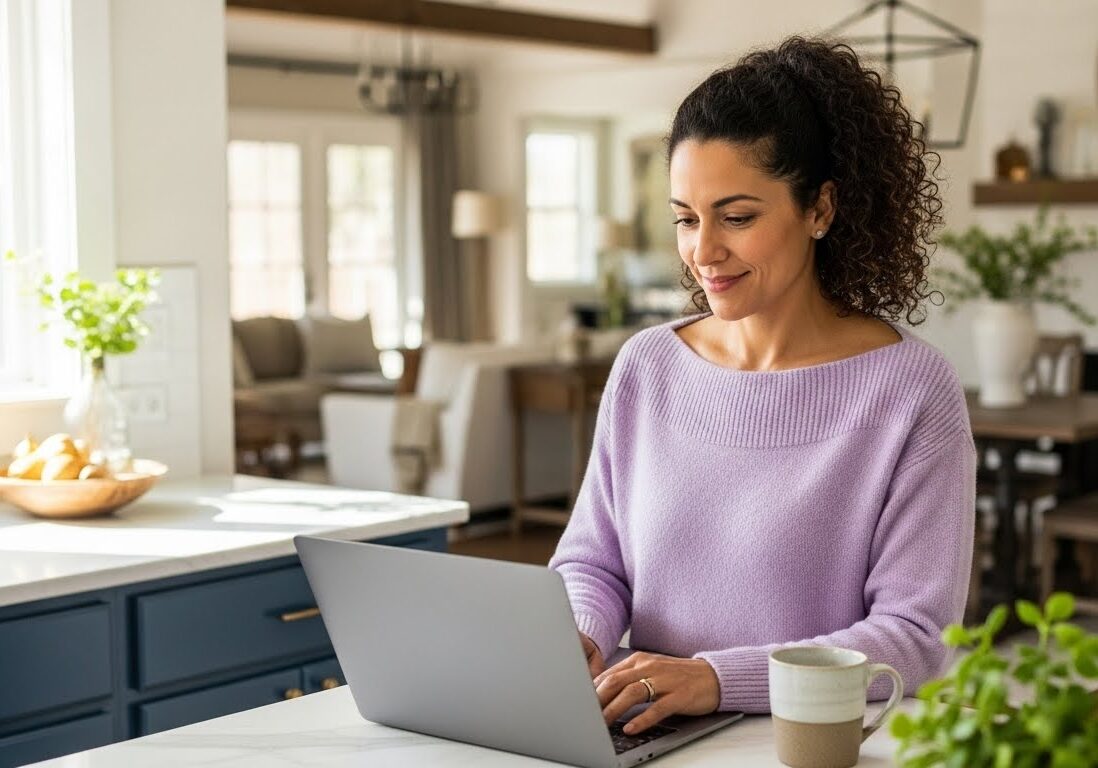 Peaceful Marketing for Coaches - Woman peacefully working on her laptop in her kitchen