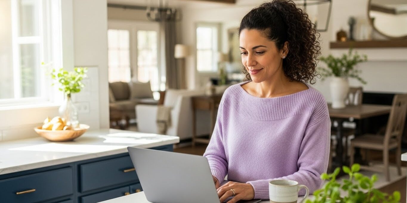 Peaceful Marketing for Coaches - Woman peacefully working on her laptop in her kitchen