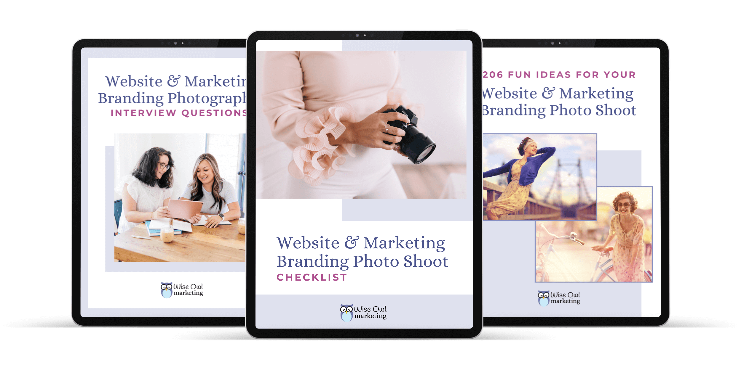 mockup of 3 ipads showing the covers of the photo shoot checklist, interview questions, and photo shoot ideas workbooks