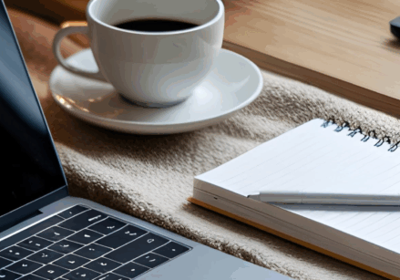 Image of a workspace with a laptop, journal, pen, coffee, and candle for a quarterly business reset