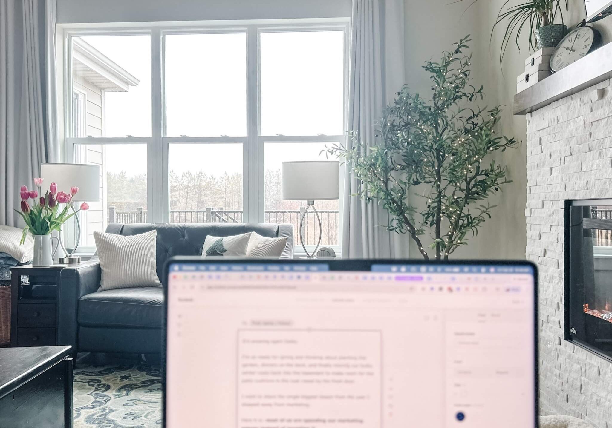 Photo of my living room as I write about my sustainable marketing strategy.