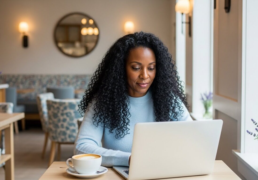Woman in a peaceful setting practicing how to use AI without losing your voice on her laptop.