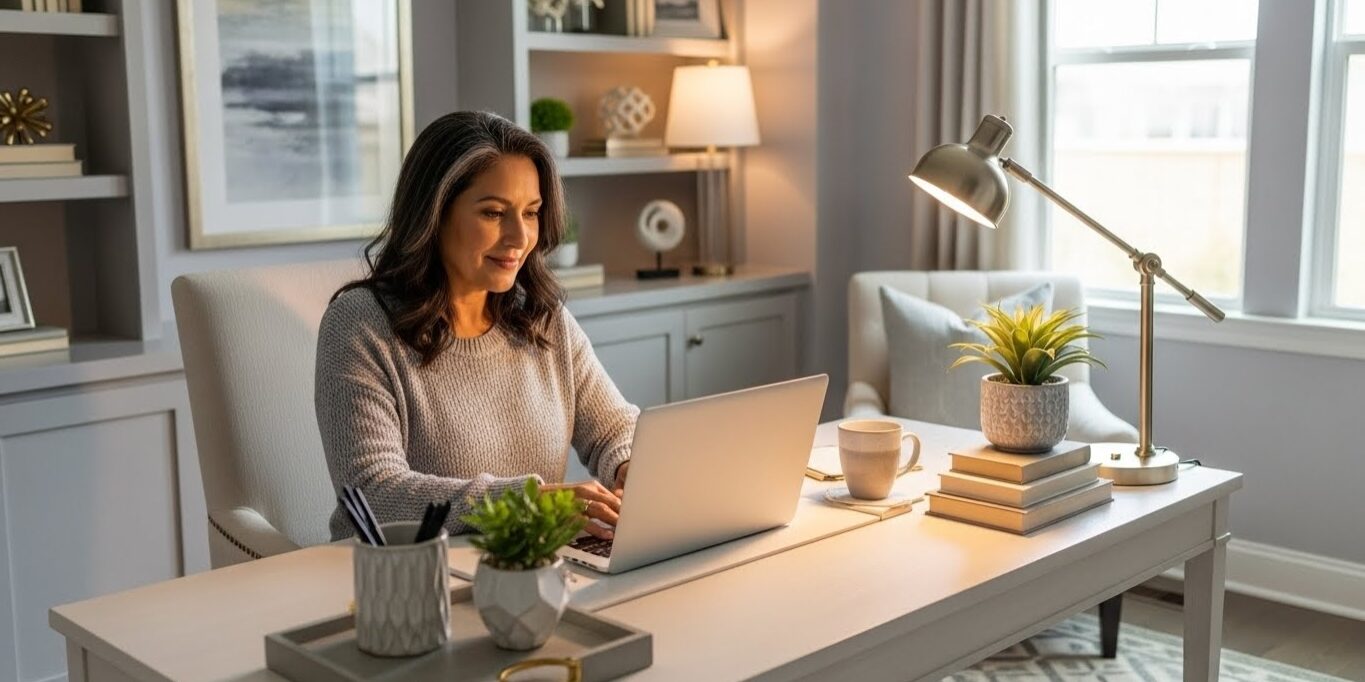 woman using ai in her beautiful home office with bookcases behind her