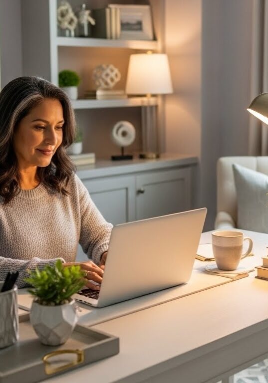 woman using ai in her beautiful home office with bookcases behind her