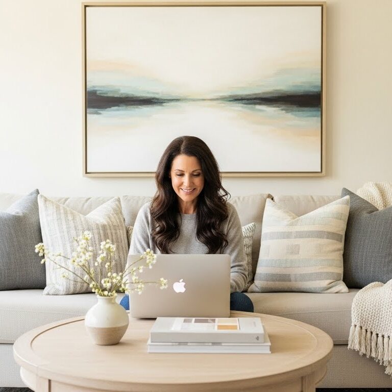 woman working on her laptop while sitting on her sofa representing how to use AI without losing your voice